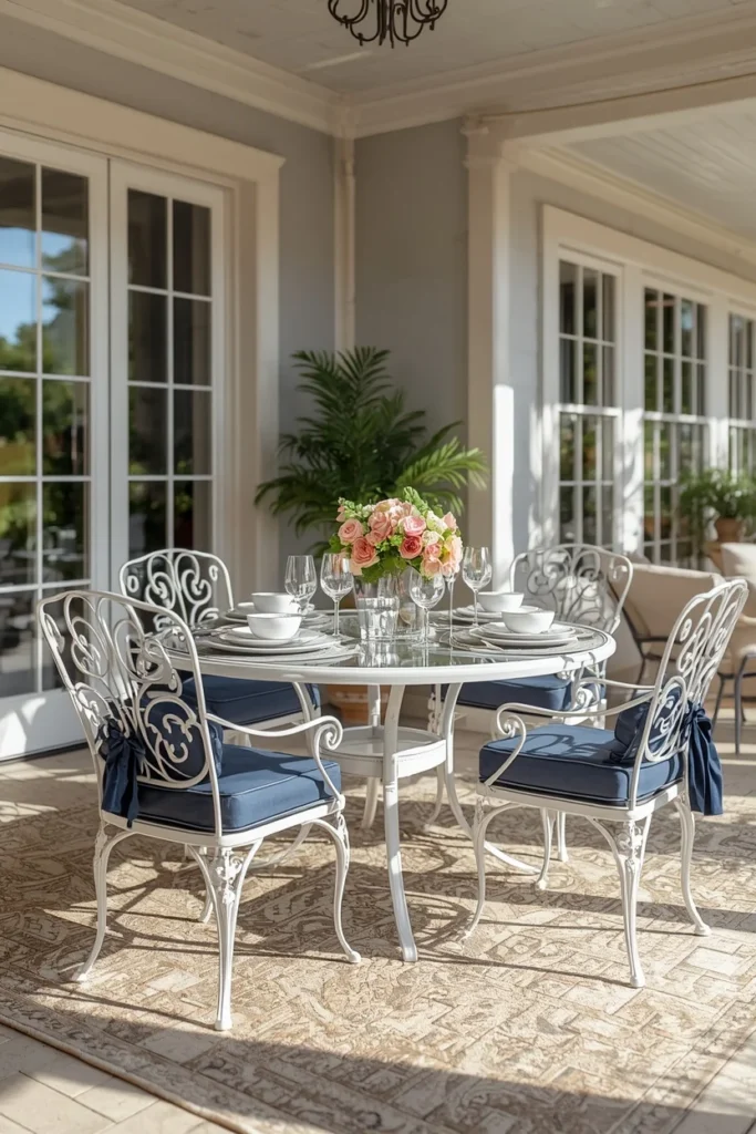 24 Outdoor Patio Furniture Ideas That Are Stylish, Comfy & Weather-Ready 16 outdoor dining patio, featuring white cast aluminum dining chairs