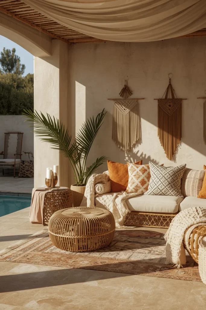 21 Pool House Ideas That Make Your Backyard Feel Like a Luxury Resort 16 boho poolside cabana, featuring mixed pattern textiles,