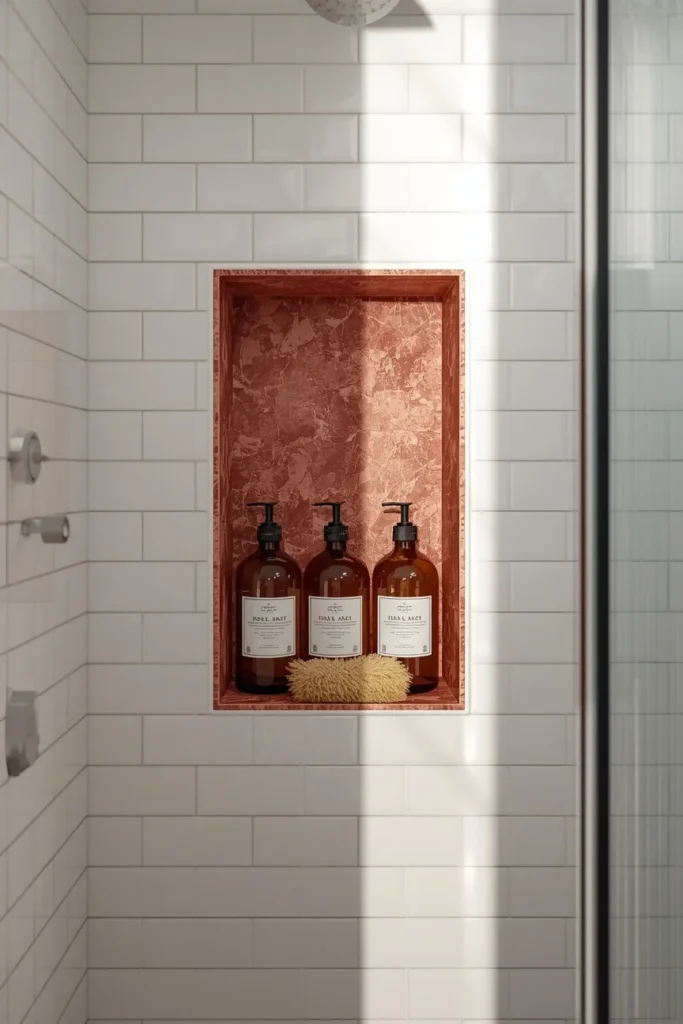 walk-in shower, featuring a recessed shower niche lined in red marble 