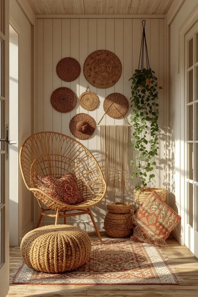 boho she shed lounge, featuring a rattan peacock chair