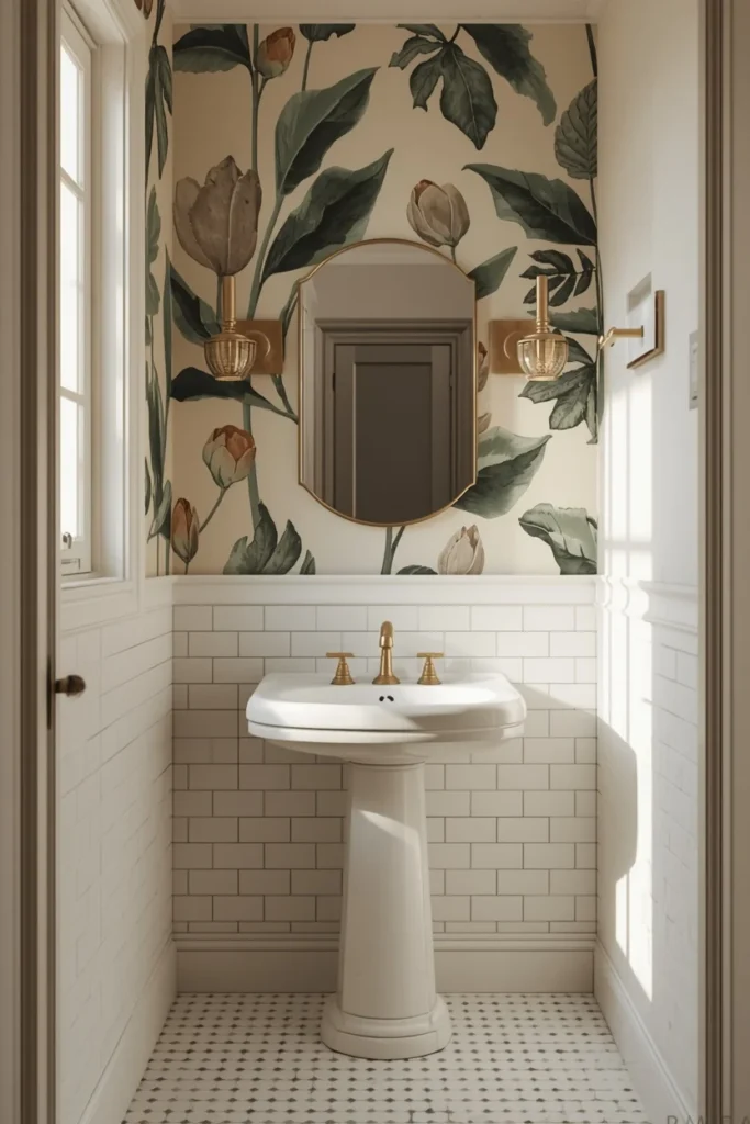 18 Small Bathroom Ideas That Pack Maximum Style Into Minimal Space 16 small bathroom, featuring an oversized botanical print wallpaper