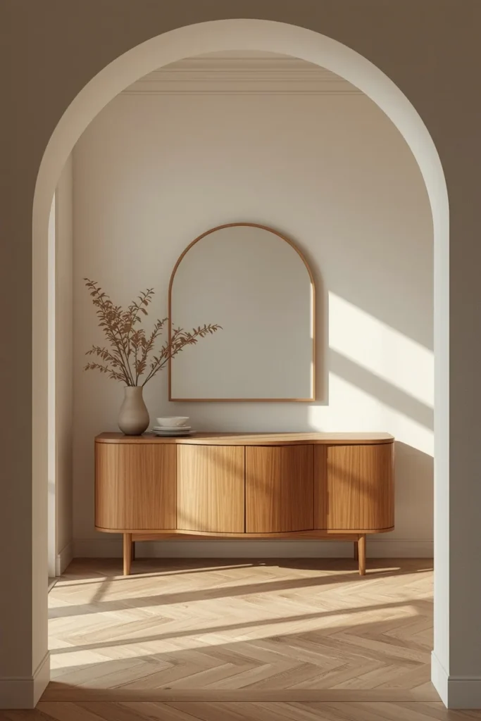 19 Small Dining Room Ideas That Are Big on Style & Even Bigger on Charm 16 small dining room, featuring a curved wood sideboard against the wall
