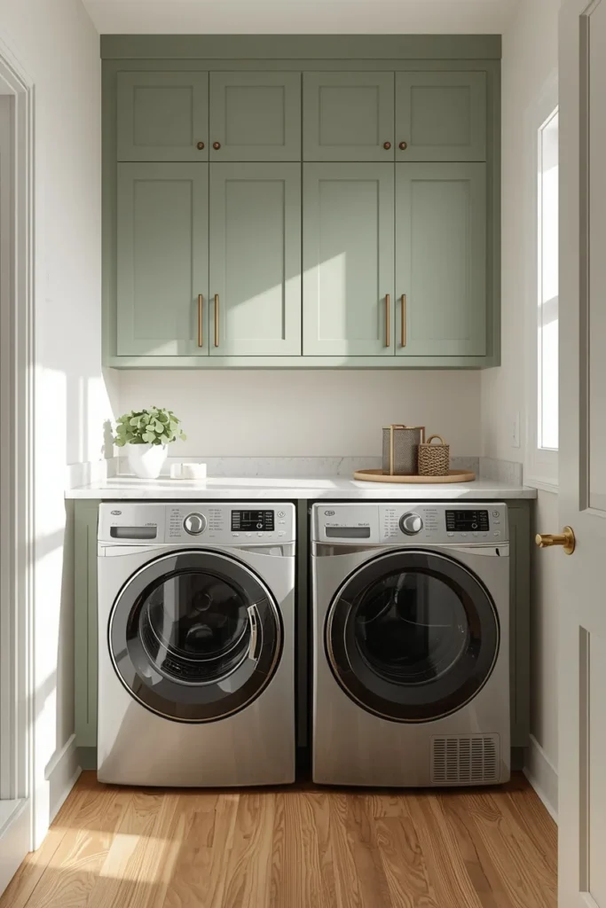 21 Small Laundry Room Ideas That Pack Function & Style Into Every Inch 16 small laundry room, featuring sage green shaker cabinetry