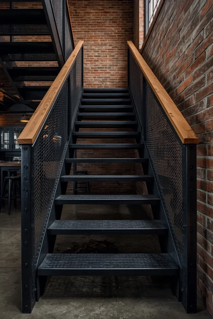 industrial steel staircase, featuring raw matte black steel treads