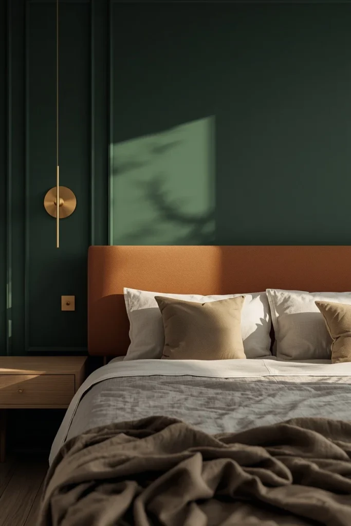 studio apartment bedroom zone, featuring a deep forest green accent wall 