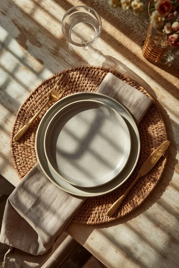  dining table place setting close-up, featuring a woven rattan charger 