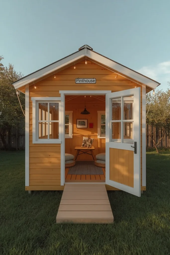 19 Summer House Ideas That Make Your Garden Feel Like a Vacation Destination 16 backyard playhouse cabin, featuring a small colorful timber structure