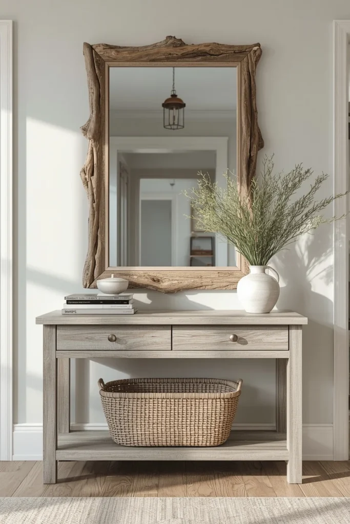 summer house entryway, featuring a large driftwood-framed mirror 