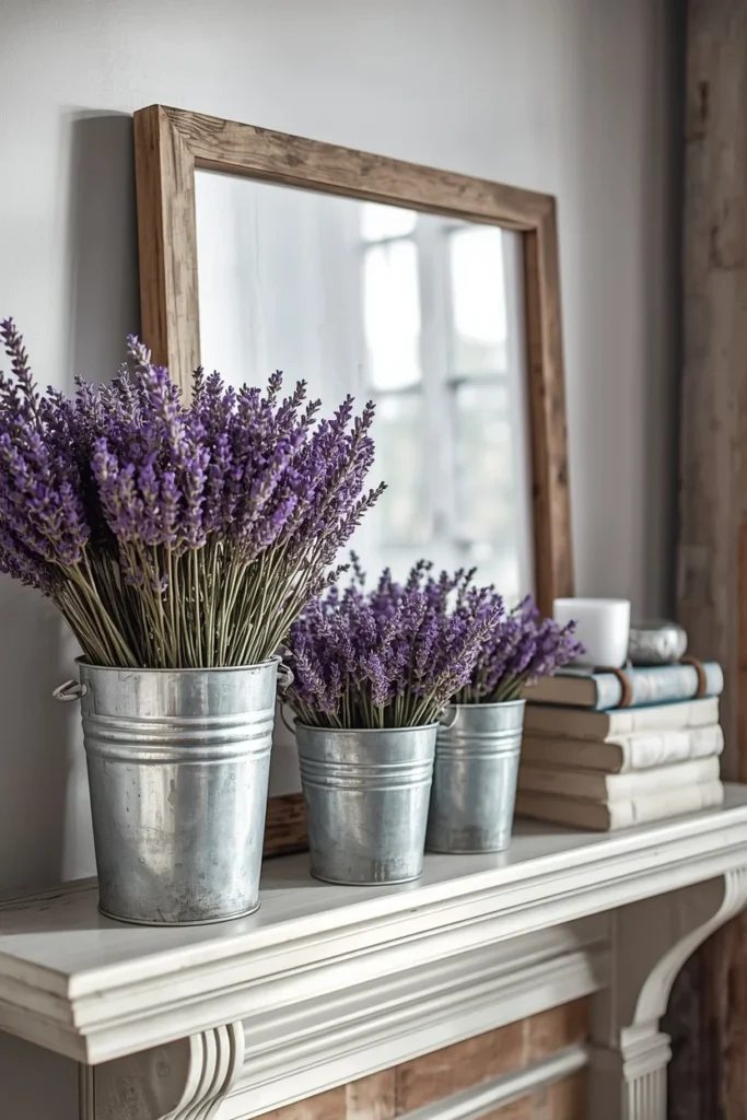  fireplace mantel, featuring galvanized metal buckets