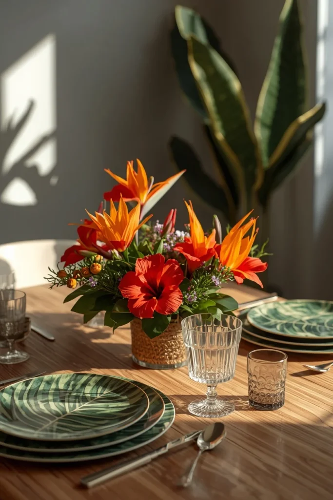 summer table featuring a low centerpiece of bold red hibiscus and orange bird