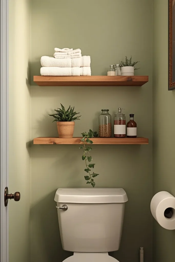  small powder room, featuring two floating oak shelves