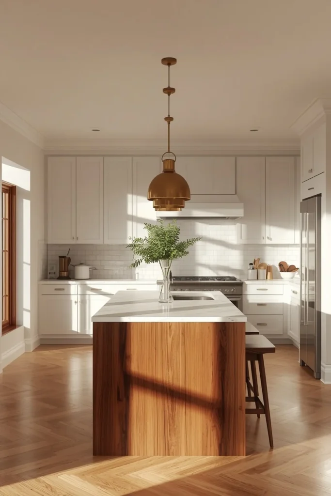 kitchen, featuring an all-white perimeter with a rich walnut wood kitchen island 