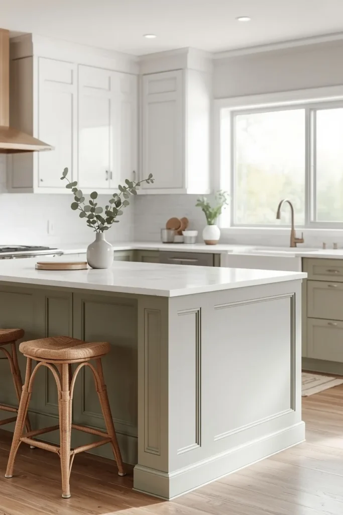 20 White Kitchen Ideas That Are Bright, Fresh & Absolutely Dreamy 15 kitchen wide shot, featuring a muted sage green island