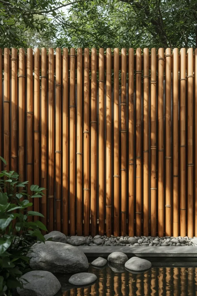  zen-inspired backyard exterior, featuring a vertical bamboo-style wood fence