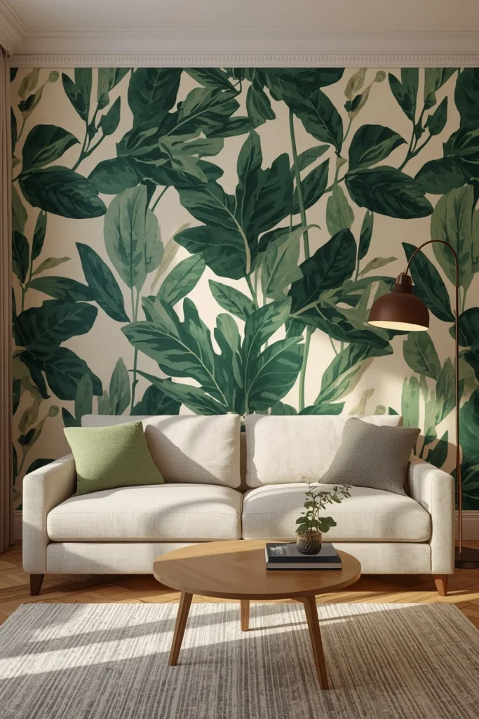 25 Apartment Living Room Ideas That Are Stylish, Smart and Totally Renter-Safe 17 apartment living room accent wall, featuring bold botanical removable wallpaper