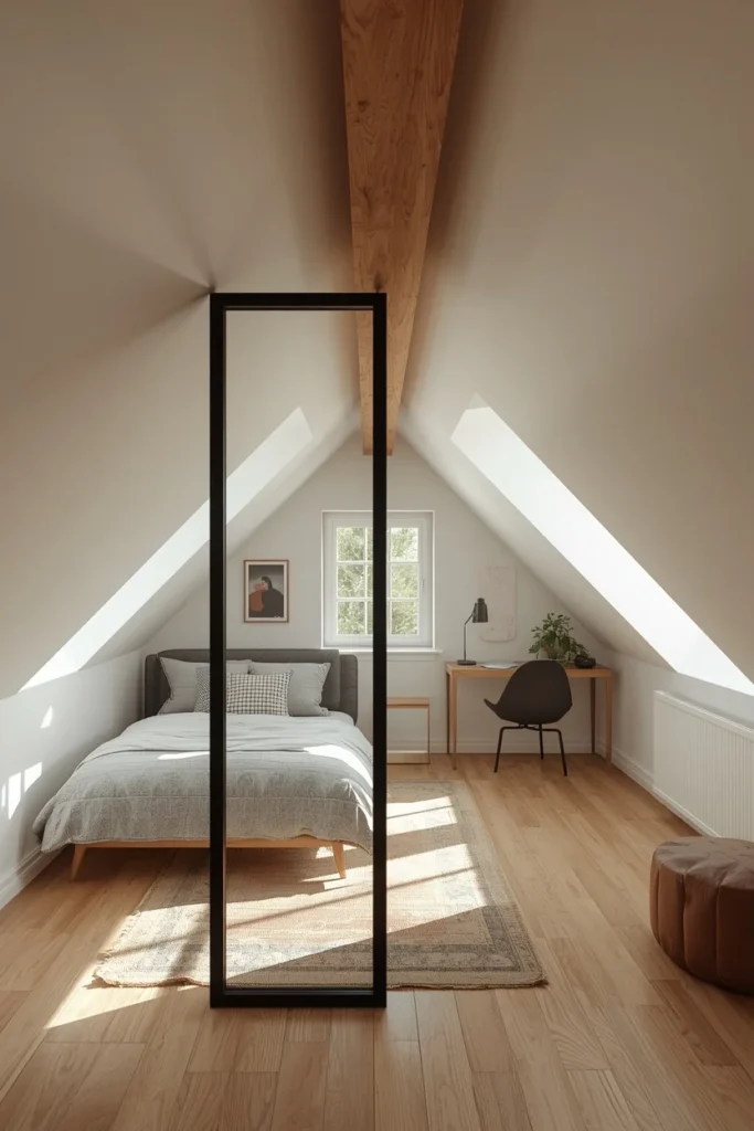 attic loft shot, featuring a slim black metal-framed glass
