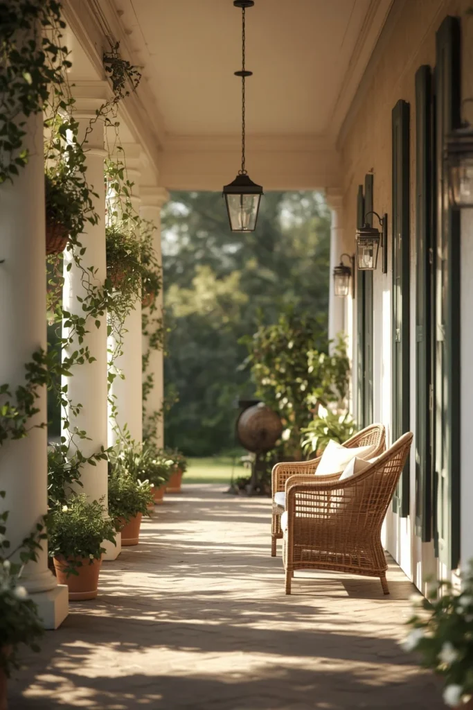 18 Back Porch Ideas That Make Outdoor Living Feel Like Pure Heaven 17 Back porch framed by classic white columns,