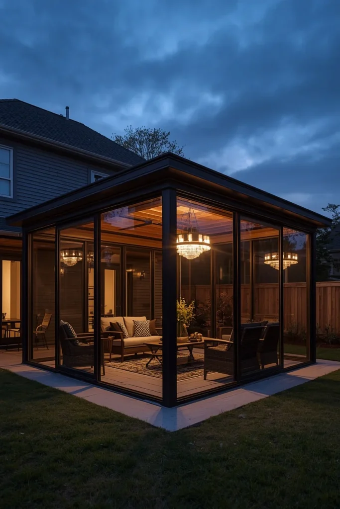 backyard, featuring a glass-sided luxury outdoor living room gazebo