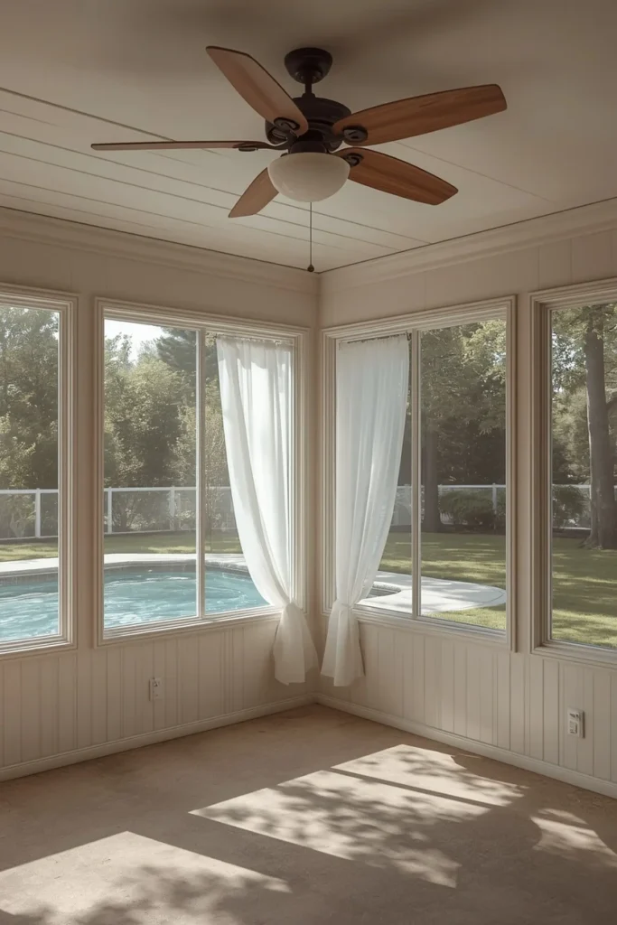 pool house interior, featuring a wood ceiling fan
