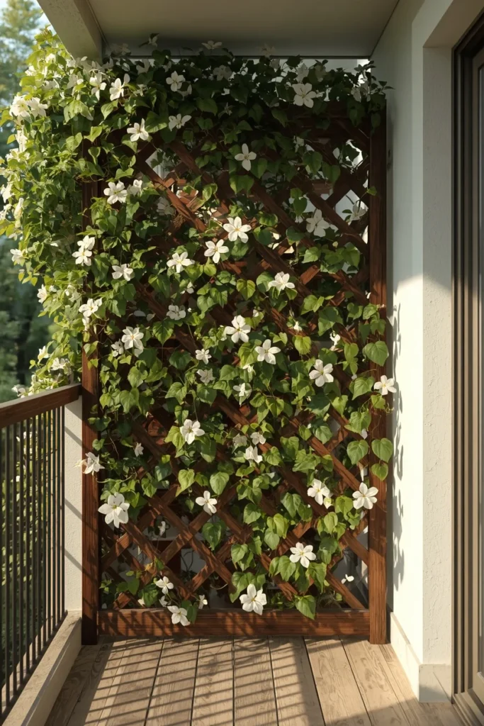 25 Balcony Ideas That Turn Even the Smallest Outdoor Space Into a Retreat 17 balcony privacy screen, featuring a wooden lattice panel
