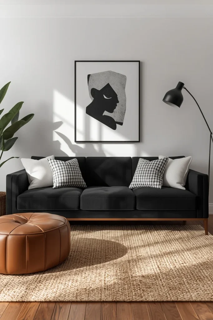  living room, featuring a black sofa with white and gray cushions