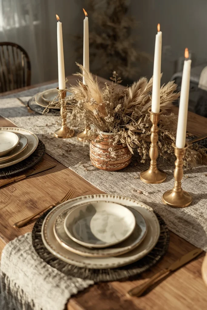 16 Boho Dining Room Ideas That Are Colorful, Layered & Totally Stunning 17 dining table styling vignette, featuring a textured table runner