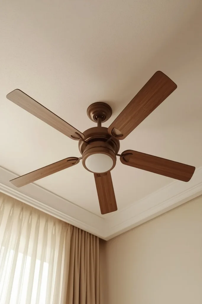  bedroom ceiling detail shot, featuring a wood-bladed ceiling fan 