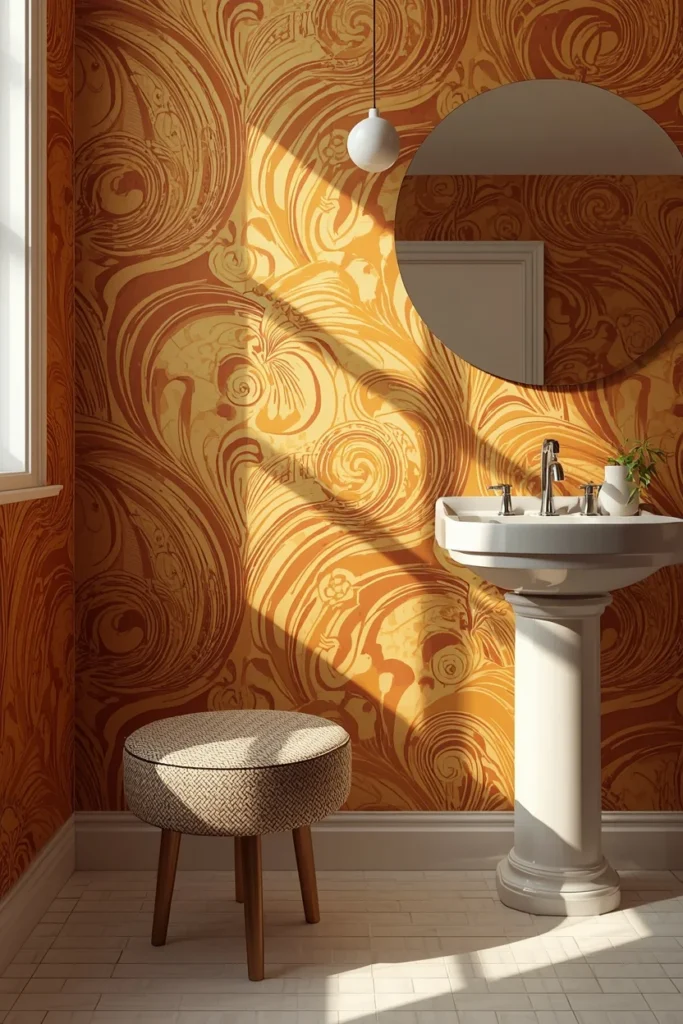 bathroom, featuring swirling 70s-inspired retro wallpaper 