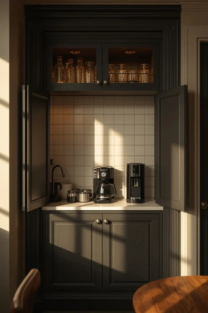 17 Built-In Dining Room Cabinet Ideas That Are Beautiful & Super Practical 17 dining room built-in, featuring a hidden coffee station