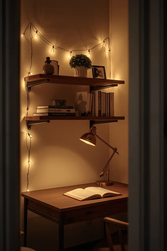 study corner, featuring warm string lights draped along a floating shelf