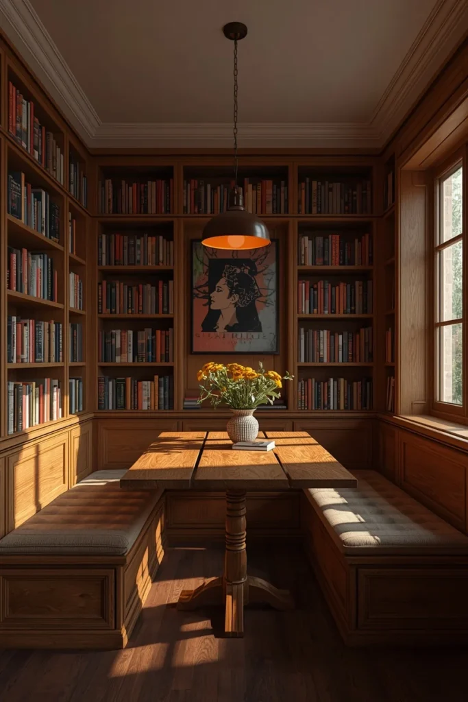 24 Dream Home Library Ideas That Are So Beautiful They'll Take Your Breath Away 17 dining nook wrapped in built-in bookshelves