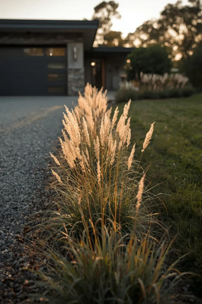 modern prairie-style home exterior, featuring a gravel driveway