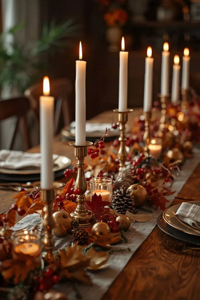 16 Fall Table Decor Ideas That Turn Every Dinner Into an Autumn Celebration 17 fall table centerpiece featuring brass candlesticks
