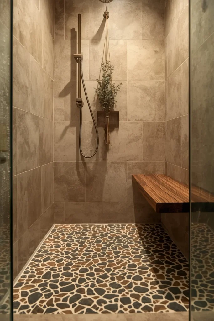 20 Farmhouse Bathroom Ideas That Are Rustic, Cozy & Utterly Gorgeous 17 ustic farmhouse walk-in shower, smooth river pebble mosaic shower floor
