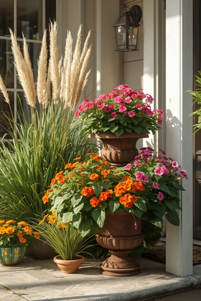 22 Front Porch Flower Ideas That Make Your Home's Entrance Bloom Beautifully 17 layered porch planting arrangement with tall ornamental grasses