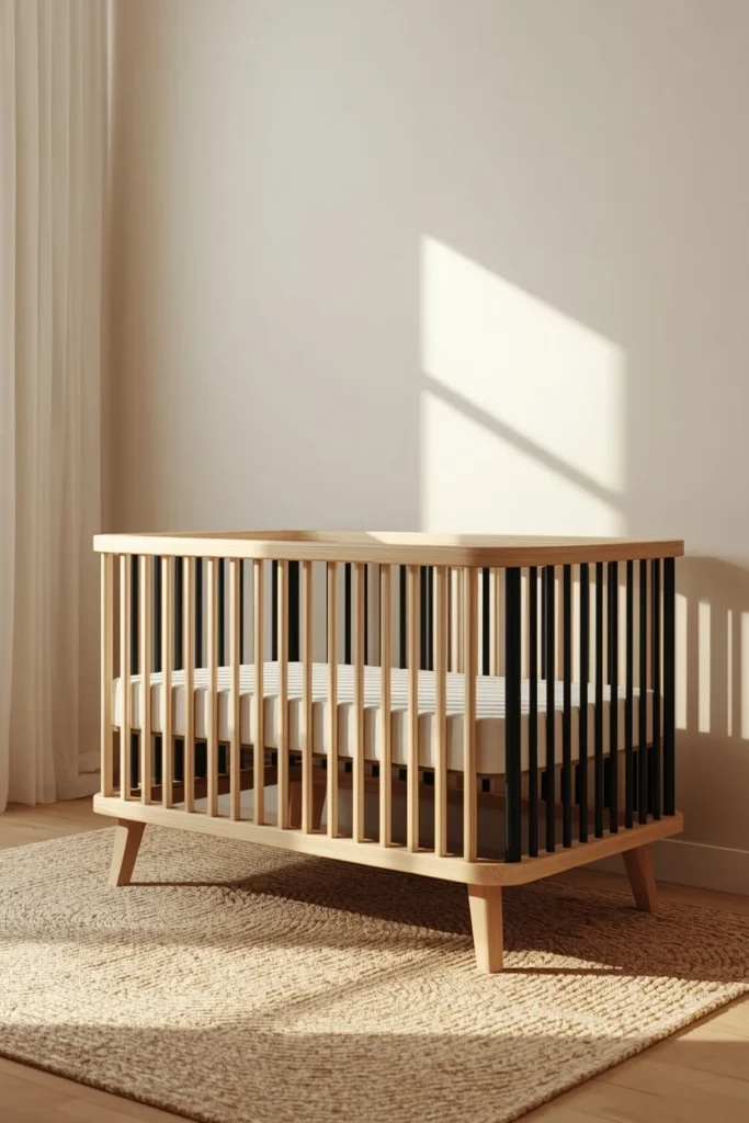 19 Gender Neutral Nursery Ideas That Are Modern, Stylish & Perfectly Timeless 17 modern nursery, featuring a two-tone crib in natural wood and black