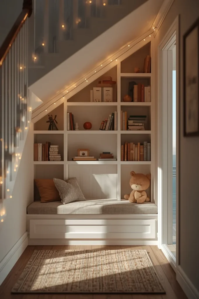 under-stairs playroom nook, featuring built-in shelving