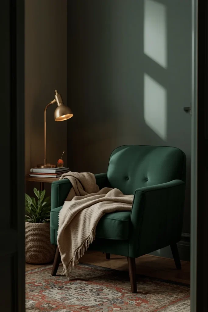16 Green Living Room Ideas That Bring Life, Calm & Color to Any Space 17 living room reading nook, featuring a deep forest green accent chair