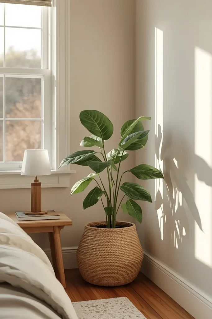  guest bedroom corner, featuring a low-maintenance pothos plant