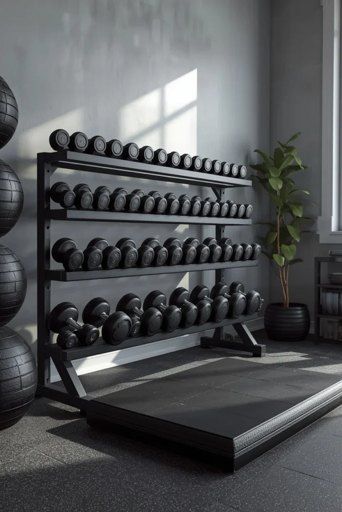 home gym, featuring a matte black wall-mounted dumbbell