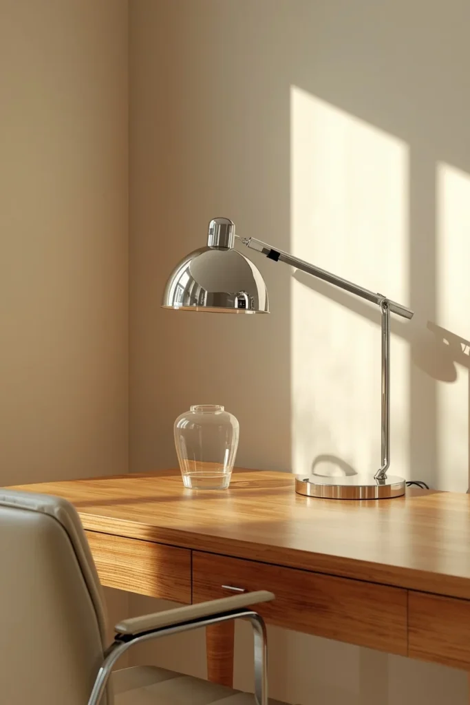 modern home office, featuring a warm wood desk 