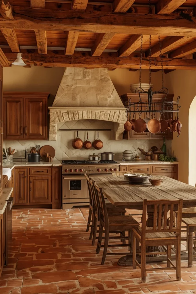 Tuscan kitchen aesthetic, warm knotty alder cabinetry 