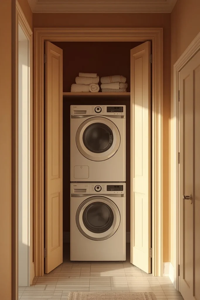 23 Laundry Room Design Ideas That Turn a Chore Space Into a Design Feature 17 stacked laundry closet, featuring a stacked washer and dryer tower