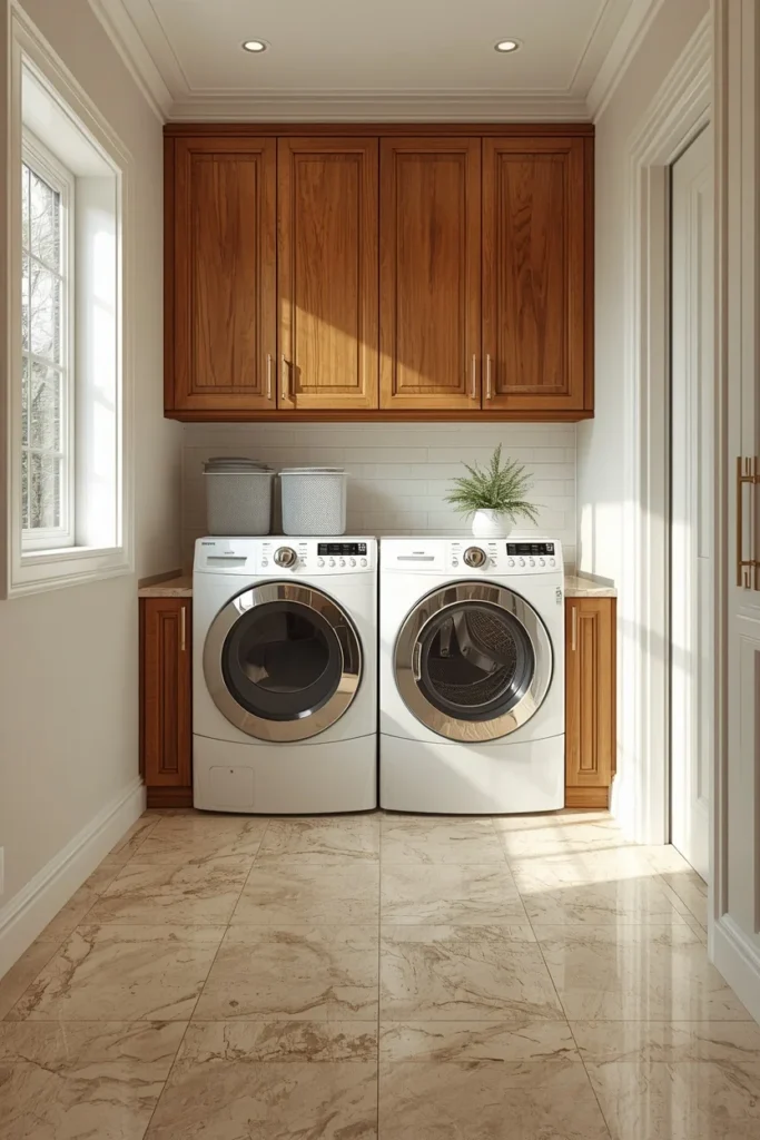 24 Laundry Room Ideas That Make the Most Dreaded Chore Actually Enjoyable 17 laundry room, featuring large-format travertine-look porcelain floor tile,