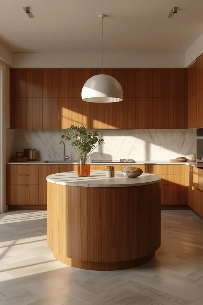 22 Mid Century Modern Kitchen Designs That Are Timeless & Stunning 16 mid century modern kitchen, featuring a curved walnut island