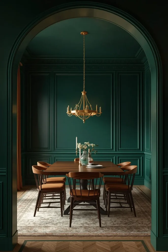 25 Modern Dining Room Ideas That Are Chic, Sleek & Totally Pin-Worthy 17 dining room, featuring a deep forest green color-drenched ceiling