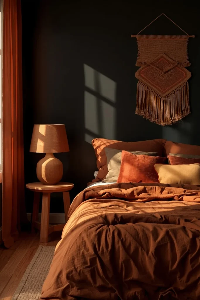 17 Moody Black Bedroom Ideas That Are Hauntingly Beautiful & Chic 17 bedroom, featuring black walls paired with terracotta and rust layered bedding,