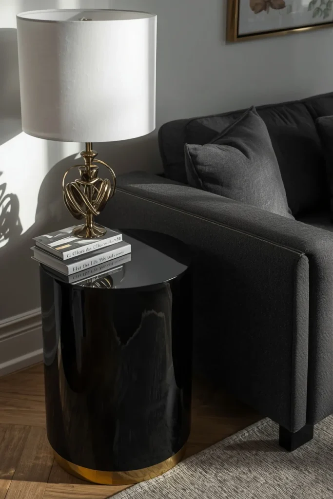 22 Moody Living Room Ideas That Are Rich, Dark & Incredibly Inviting 17 living room, featuring a glossy black lacquered side table