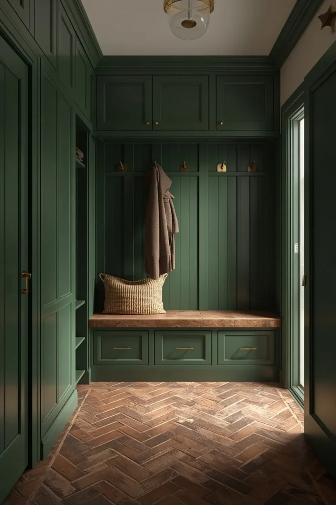 16 Mudroom Design Ideas That Make the Messiest Space in Your Home Look Amazing 16 mudroom featuring a deep forest green built-in cabinet wall