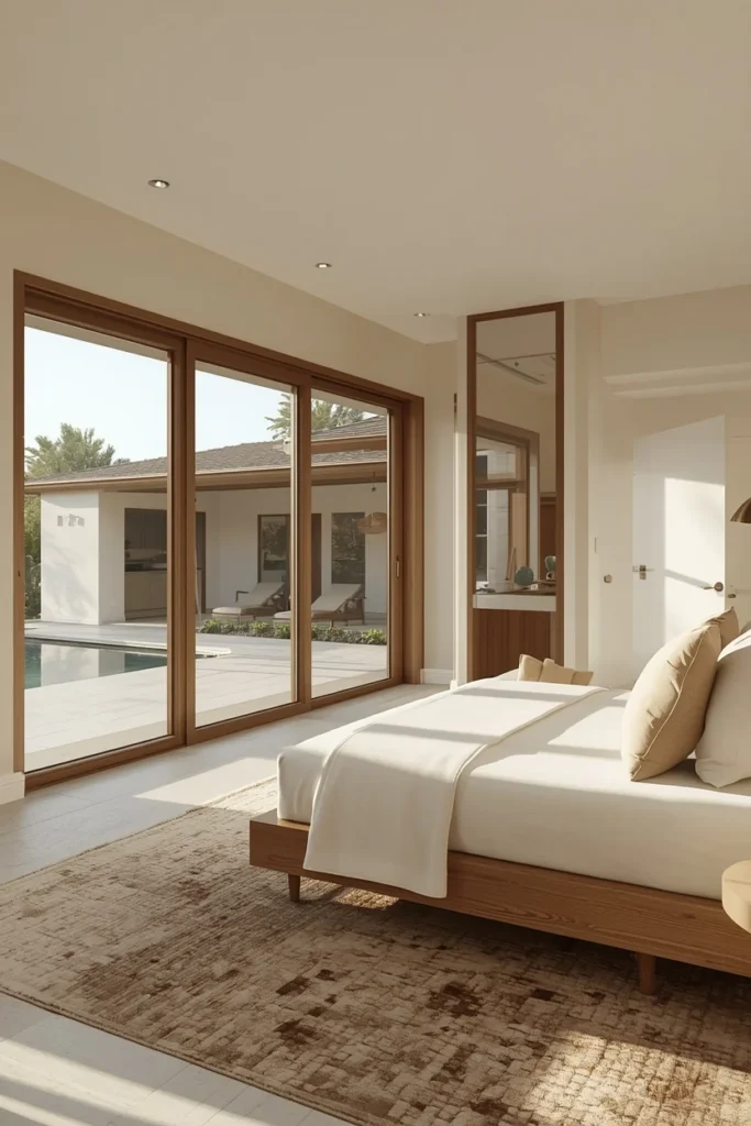 21 Pool House Ideas That Make Your Backyard Feel Like a Luxury Resort 17 pool house guest suite, featuring a small bedroom with large windows